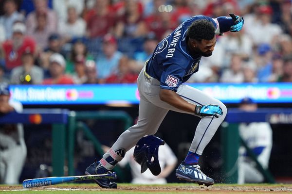 Jul 14, 2026; Philadelphia, Pennsylvania, USA; Tampa Bay Rays third baseman Junior Caminero (13) is hit by a pitch during the third inning for the All-Star Game at Citizens Bank Park. Mandatory Credit: Kyle Ross-Imagn Images