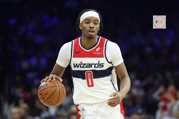 Jan 7, 2026; Philadelphia, Pennsylvania, USA; Washington Wizards guard Bilal Coulibaly (0) dribbles the ball against the Philadelphia 76ers during the first quarter at Xfinity Mobile Arena. Credit: Bill Streicher-Imagn Images