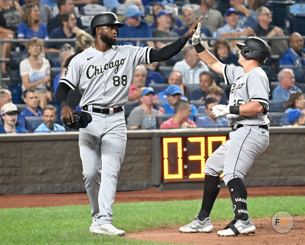 KANSAS CITY, MO - SEPTEMBER 06: White Sox center fielder Luis Robert Jr (88) greets White Sox designated hitter Andrew Vaughn (25) at home plate after his two-run home run in the sixth inning during a MLB game between the Chicago White Sox and the Kansas City Royals on September 06, 2023, at Kauffman Stadium in Kansas City, Mo. (Photo by Keith Gillett/Icon Sportswire)
