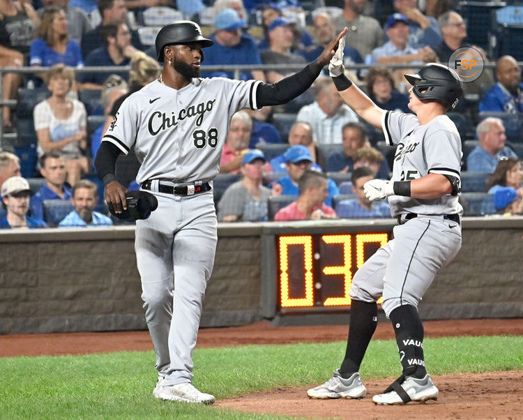 KANSAS CITY, MO - SEPTEMBER 06: White Sox center fielder Luis Robert Jr (88) greets White Sox designated hitter Andrew Vaughn (25) at home plate after his two-run home run in the sixth inning during a MLB game between the Chicago White Sox and the Kansas City Royals on September 06, 2023, at Kauffman Stadium in Kansas City, Mo. (Photo by Keith Gillett/Icon Sportswire)