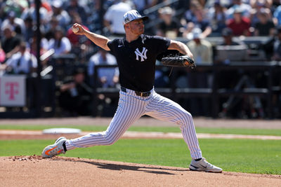 Mar 11, 2025; Tampa, Florida, USA; New York Yankees pitcher Clarke Schmidt (36) throws a pitch against the Baltimore Orioles in the first inning during spring training at George M. Steinbrenner Field. Mandatory Credit: Nathan Ray Seebeck-Imagn Images