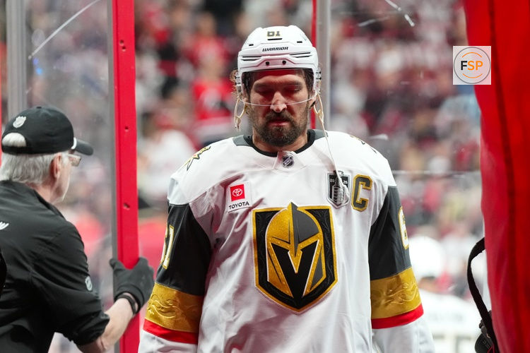 Jun 4, 2026; Raleigh, North Carolina, USA; Vegas Golden Knights right wing Mark Stone (61) comes off the ice after the warmups before the game  against the Carolina Hurricanes in game two of the 2026 Stanley Cup Final at Lenovo Center. Credit: James Guillory-Imagn Images