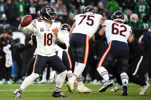 Nov 28, 2025; Philadelphia, Pennsylvania, USA; Chicago Bears quarterback Caleb Williams (18) passes the ball against the Philadelphia Eagles during the second quarter of the game at Lincoln Financial Field. Mandatory Credit: Eric Hartline-Imagn Images