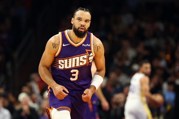 Dec 18, 2025; Phoenix, Arizona, USA; Phoenix Suns forward Dillon Brooks (3) against the Golden State Warriors in the first half at Mortgage Matchup Center. Mandatory Credit: Mark J. Rebilas-Imagn Images