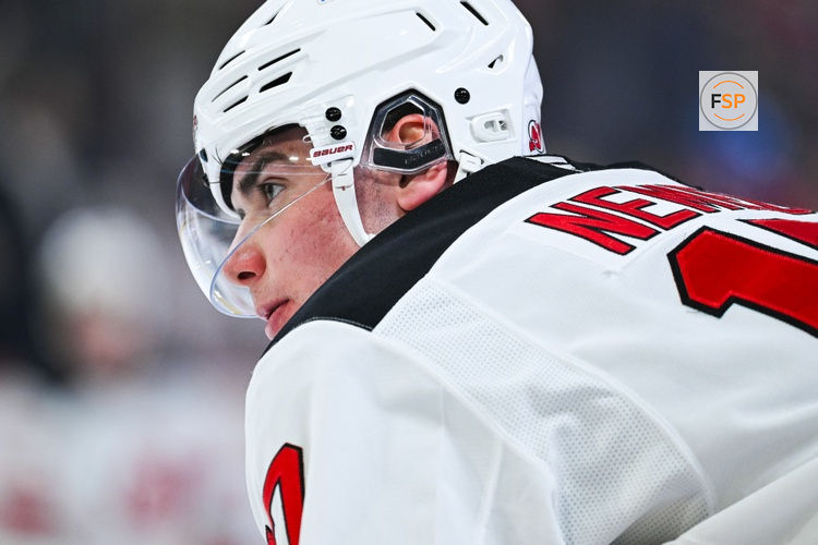 Apr 5, 2026; Montreal, Quebec, CAN; New Jersey Devils defenseman Simon Nemec (17) looks on during warm-up before the game against the Montreal Canadiens at Bell Centre. Credit: David Kirouac-Imagn Images