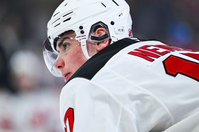 Apr 5, 2026; Montreal, Quebec, CAN; New Jersey Devils defenseman Simon Nemec (17) looks on during warm-up before the game against the Montreal Canadiens at Bell Centre. Mandatory Credit: David Kirouac-Imagn Images