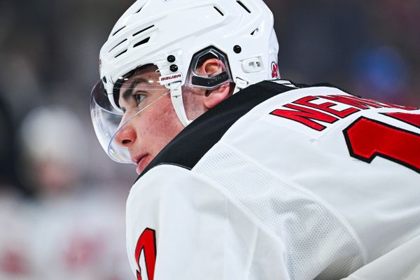 Apr 5, 2026; Montreal, Quebec, CAN; New Jersey Devils defenseman Simon Nemec (17) looks on during warm-up before the game against the Montreal Canadiens at Bell Centre. Mandatory Credit: David Kirouac-Imagn Images