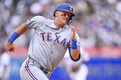 Apr 12, 2026; Los Angeles, California, USA; Texas Rangers third baseman Josh Jung (6) runs to home plate to score a run against the Los Angeles Dodgers during the eighth inning at Dodger Stadium. Mandatory Credit: Jonathan Hui-Imagn Images