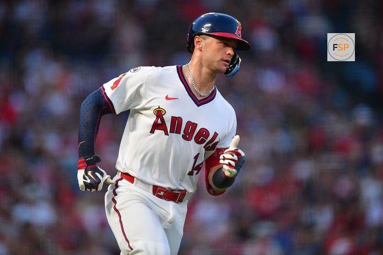 Jul 18, 2026; Anaheim, California, USA; Los Angeles Angels catcher Logan O'Hoppe (14) runs after hitting a single against the Detroit Tigers during the third inning at Angel Stadium. Credit: Gary A. Vasquez-Imagn Images