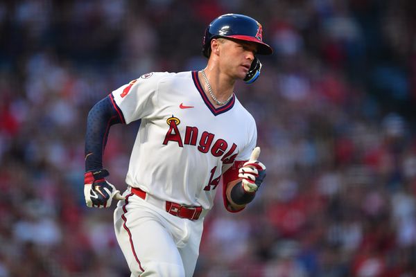 Jul 18, 2026; Anaheim, California, USA; Los Angeles Angels catcher Logan O'Hoppe (14) runs after hitting a single against the Detroit Tigers during the third inning at Angel Stadium. Mandatory Credit: Gary A. Vasquez-Imagn Images