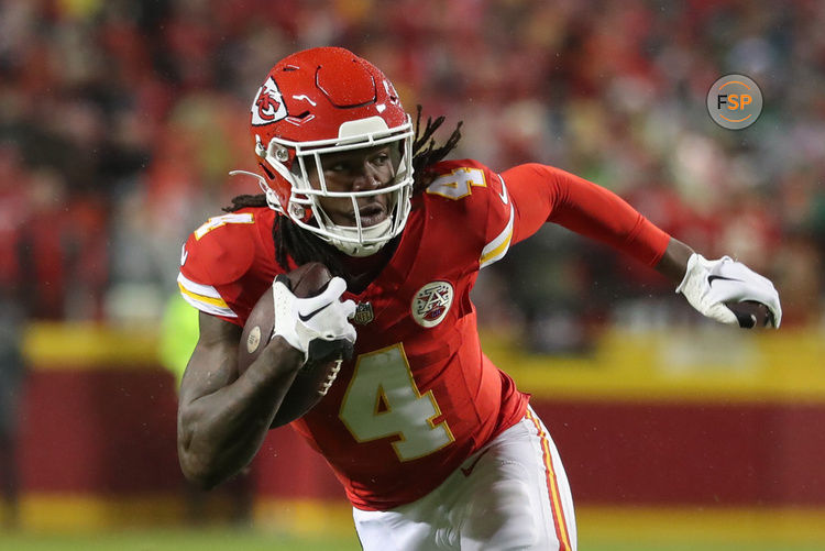 KANSAS CITY, MO - NOVEMBER 20: Kansas City Chiefs wide receiver Rashee Rice (4) runs after the catch in the first quarter of an NFL football game between the Philadelphia Eagles and Kansas City Chiefs on Nov 20, 2023 at GEHA Field at Arrowhead Stadium in Kansas City, MO. (Photo by Scott Winters/Icon Sportswire)