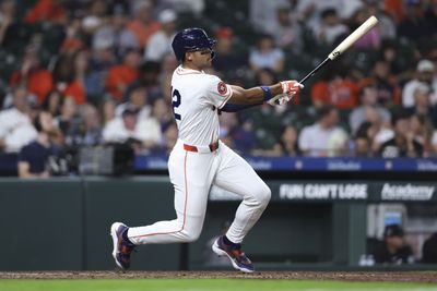 Apr 15, 2026; Houston, Texas, USA; Houston Astros right fielder Cam Smith hits a double during the fifth inning against the Colorado Rockies at Daikin Park. Mandatory Credit: Troy Taormina-Imagn Images