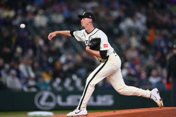 Mar 29, 2026; Seattle, Washington, USA; Seattle Mariners starting pitcher Emerson Hancock (26) pitches to the Cleveland Guardians during the first inning at T-Mobile Park. Mandatory Credit: Steven Bisig-Imagn Images