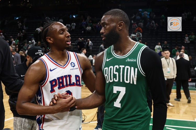 May 2, 2026; Boston, Massachusetts, USA; Philadelphia 76ers guard Tyrese Maxey (0) talks with Boston Celtics guard Jaylen Brown (7)after Philadephia’s win in game seven of the first round of the 2026 NBA Playoffs at TD Garden. Credit: Winslow Townson-Imagn Images