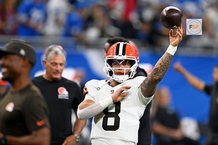 Sep 28, 2025; Detroit, Michigan, USA; Cleveland Browns quarterback Dillon Gabriel (8) warms up before the game against the Detroit Lions at Ford Field. Credit: Lon Horwedel-Imagn Images