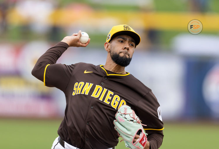 Mar 5, 2025; Peoria, Arizona, USA; San Diego Padres pitcher Robert Suarez against the Colorado Rockies during a spring training game at Peoria Sports Complex. Credit: Mark J. Rebilas-Imagn Images