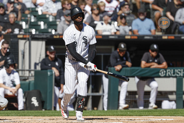 Sep 26, 2024; Chicago, Illinois, USA; Chicago White Sox outfielder Luis Robert Jr. (88) reacts after striking out against the Los Angeles Angels during the third inning at Guaranteed Rate Field. Credit: Kamil Krzaczynski-Imagn Images