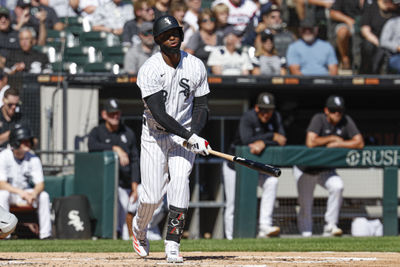 Sep 26, 2024; Chicago, Illinois, USA; Chicago White Sox outfielder Luis Robert Jr. (88) reacts after striking out against the Los Angeles Angels during the third inning at Guaranteed Rate Field. Mandatory Credit: Kamil Krzaczynski-Imagn Images