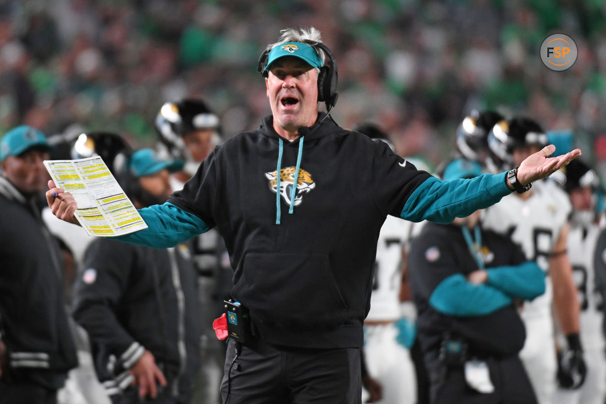 Nov 3, 2024; Philadelphia, Pennsylvania, USA; Jacksonville Jaguars head c coach Doug Pederson argues a call during the third quarter against the Philadelphia Eagles at Lincoln Financial Field. Credit: Eric Hartline-Imagn Images