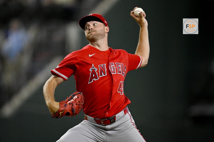 Jul 9, 2026; Arlington, Texas, USA; Los Angeles Angels starting pitcher Reid Detmers (48) pitches against the Texas Rangers during the first inning at Globe Life Field. Credit: Jerome Miron-Imagn Images