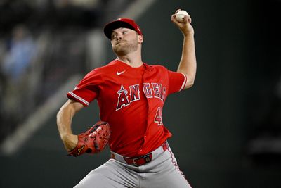 Jul 9, 2026; Arlington, Texas, USA; Los Angeles Angels starting pitcher Reid Detmers (48) pitches against the Texas Rangers during the first inning at Globe Life Field. Mandatory Credit: Jerome Miron-Imagn Images