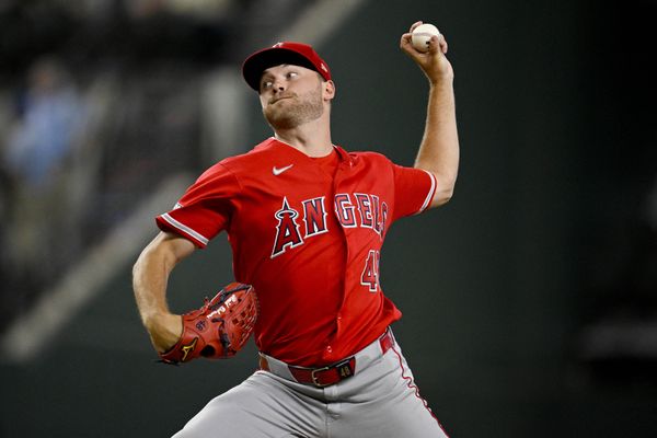 Jul 9, 2026; Arlington, Texas, USA; Los Angeles Angels starting pitcher Reid Detmers (48) pitches against the Texas Rangers during the first inning at Globe Life Field. Mandatory Credit: Jerome Miron-Imagn Images