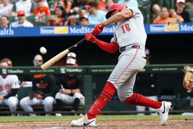 Apr 20, 2025; Baltimore, Maryland, USA; Cincinnati Reds infielder Noelvi Marte (16) hits a grand slam during the eighth inning against the Baltimore Orioles at Oriole Park at Camden Yards. Credit: Daniel Kucin Jr.-Imagn Images