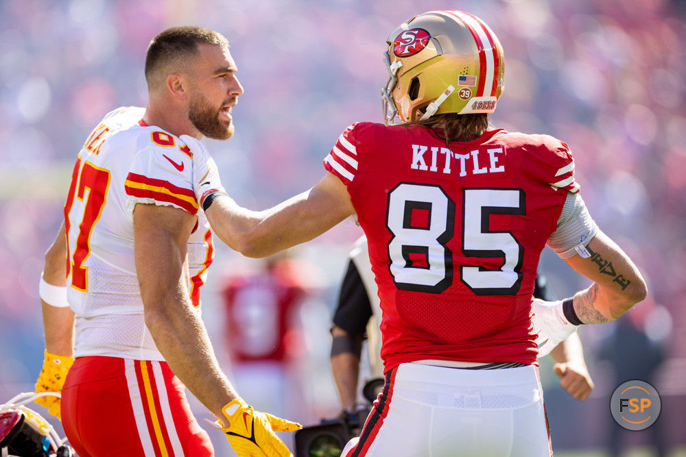 SANTA CLARA, CA - OCTOBER 23: San Francisco 49ers tight end George Kittle (85) greets Kansas City Chiefs tight end Travis Kelce (87) before the NFL professional football game between the Kansas City Chiefs and San Francisco 49ers on October 23, 2022 at Levi’s Stadium in Santa Clara, CA. (Photo by Bob Kupbens/Icon Sportswire)