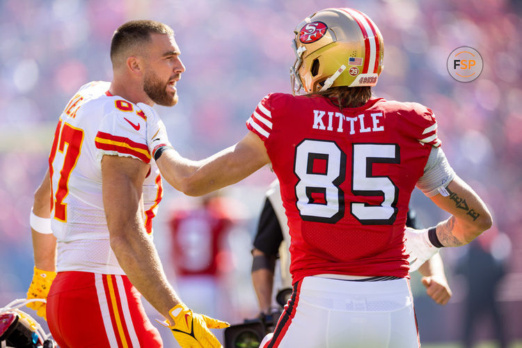 SANTA CLARA, CA - OCTOBER 23: San Francisco 49ers tight end George Kittle (85) greets Kansas City Chiefs tight end Travis Kelce (87) before the NFL professional football game between the Kansas City Chiefs and San Francisco 49ers on October 23, 2022 at Levi’s Stadium in Santa Clara, CA. (Photo by Bob Kupbens/Icon Sportswire)