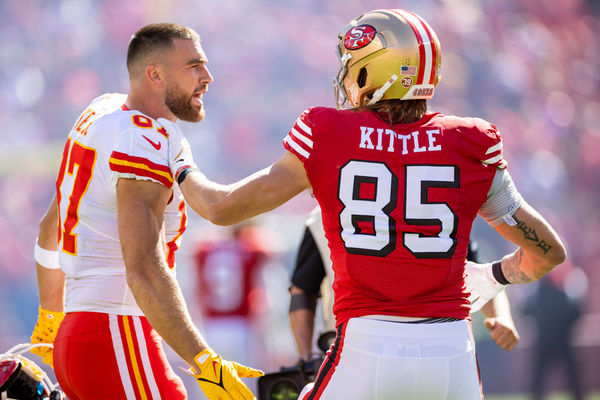 SANTA CLARA, CA - OCTOBER 23: San Francisco 49ers tight end George Kittle (85) greets Kansas City Chiefs tight end Travis Kelce (87) before the NFL professional football game between the Kansas City Chiefs and San Francisco 49ers on October 23, 2022 at Levi’s Stadium in Santa Clara, CA. (Photo by Bob Kupbens/Icon Sportswire)