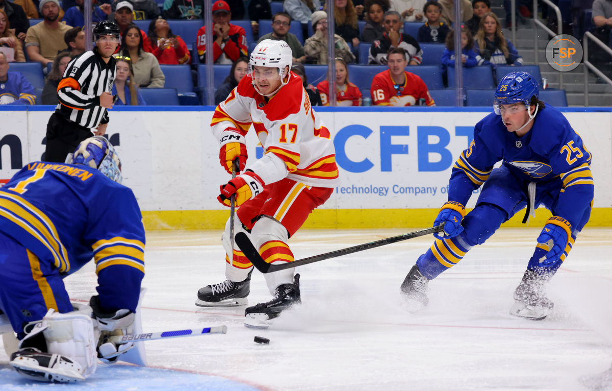 Nov 9, 2024; Buffalo, New York, USA;  Buffalo Sabres goaltender Ukko-Pekka Luukkonen (1) looks to make a save on Calgary Flames center Yegor Sharangovich (17) as Buffalo Sabres defenseman Owen Power (25) defends during the third period at KeyBank Center. Credit: Timothy T. Ludwig-Imagn Images