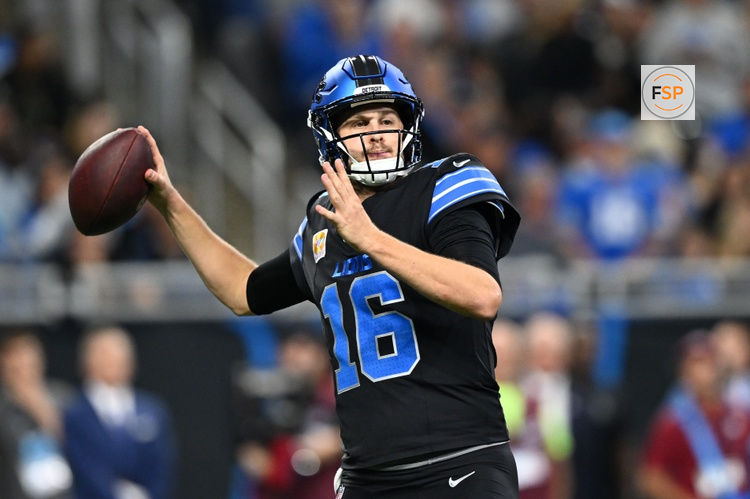 Oct 25, 2026; Detroit, Michigan, USA;  Detroit Lions quarterback Jared Goff (16) throws a pass during the fourth quarter against the Green Bay Packers at Ford Field.  Credit: Lon Horwedel-Imagn Images