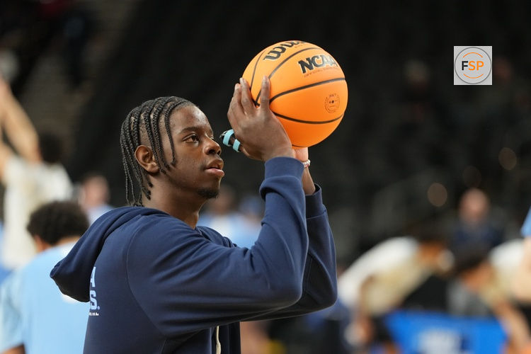 Mar 18, 2026; Greenville, SC, USA; North Carolina Tar Heels forward Caleb Wilson (8) during a practice session ahead of the first round of the men's 2026 NCAA Tournament at Bon Secours Wellness Arena. Credit: Bob Donnan-Imagn Images