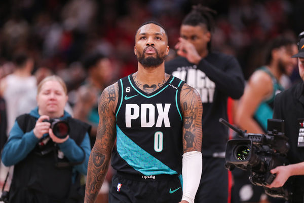 CHICAGO, IL - FEBRUARY 04: Portland Trail Blazers Guard Damian Lillard (0) walks off the court after a NBA game between the Portland Trail Blazers and the Chicago Bulls on February 4, 2023 at the United Center in Chicago, IL. (Photo by Melissa Tamez/Icon Sportswire)