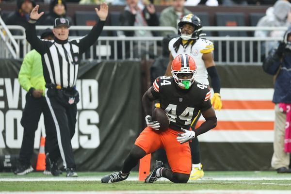 Dec 28, 2025; Cleveland, Ohio, USA; Cleveland Browns tight end Harold Fannin Jr. (44) catches the ball for a touchdown in the first quarter against the Pittsburgh Steelers at Huntington Bank Field. Mandatory Credit: Scott Galvin-Imagn Images