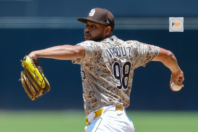 Jun 7, 2026; San Diego, California, USA; San Diego Padres starting pitcher Randy Vasquez (98) throws a pitch during the first inning against the New York Mets at Petco Park. Credit: David Frerker-Imagn Images