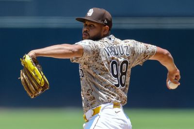 Jun 7, 2026; San Diego, California, USA; San Diego Padres starting pitcher Randy Vasquez (98) throws a pitch during the first inning against the New York Mets at Petco Park. Mandatory Credit: David Frerker-Imagn Images