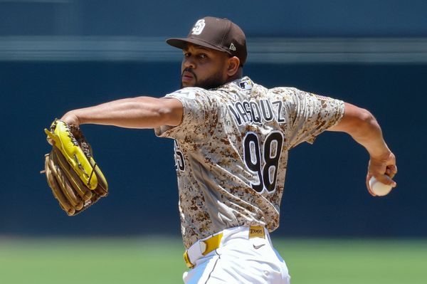 Jun 7, 2026; San Diego, California, USA; San Diego Padres starting pitcher Randy Vasquez (98) throws a pitch during the first inning against the New York Mets at Petco Park. Mandatory Credit: David Frerker-Imagn Images