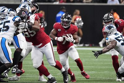 Sep 20, 2026; Atlanta, Georgia, USA;  Atlanta Falcons running back Bijan Robinson (7) rushes during the second quarter against the Carolina Panthers at Mercedes-Benz Stadium.  Mandatory Credit: Dale Zanine-Imagn Images