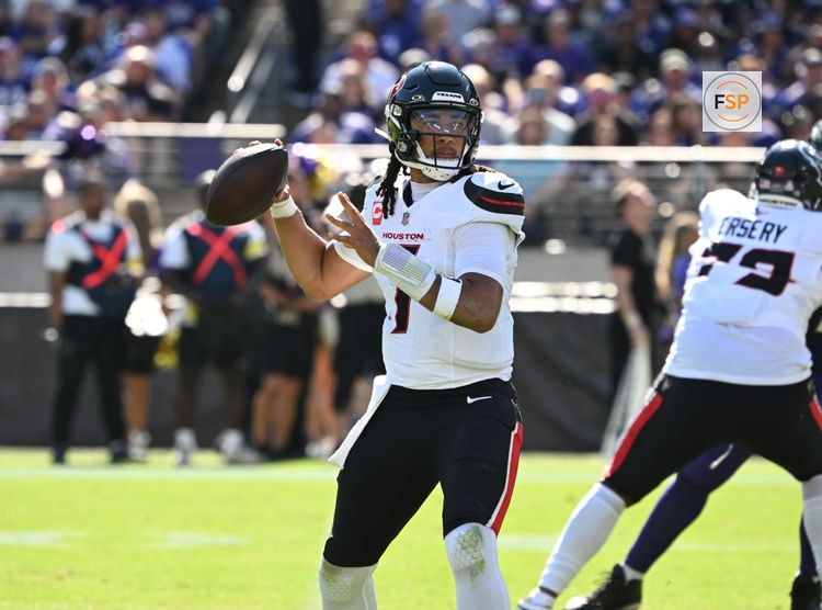 Oct 5, 2025; Baltimore, Maryland, USA; Houston Texans quarterback C.J. Stroud (7) throws during the second quarter against the Baltimore Ravens at M&T Bank Stadium. Credit: Rafael Suanes-Imagn Images