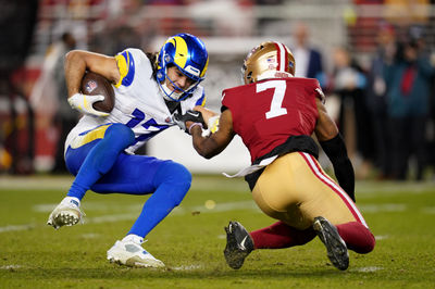 Dec 12, 2024; Santa Clara, California, USA; Los Angeles Rams wide receiver Puka Nacua (17) is tackled by San Francisco 49ers cornerback Charvarius Ward (7) after making a catch for a first down in the fourth quarter at Levi's Stadium. Mandatory Credit: Cary Edmondson-Imagn Images