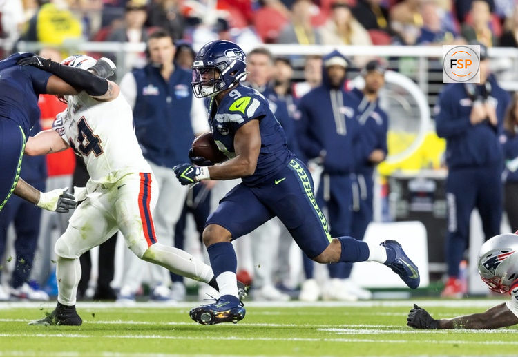 Feb 8, 2026; Santa Clara, CA, USA; Seattle Seahawks running back Kenneth Walker III (9) runs against the New England Patriots during the third quarter in Super Bowl LX at Levi's Stadium. Credit: Mark J. Rebilas-Imagn Images