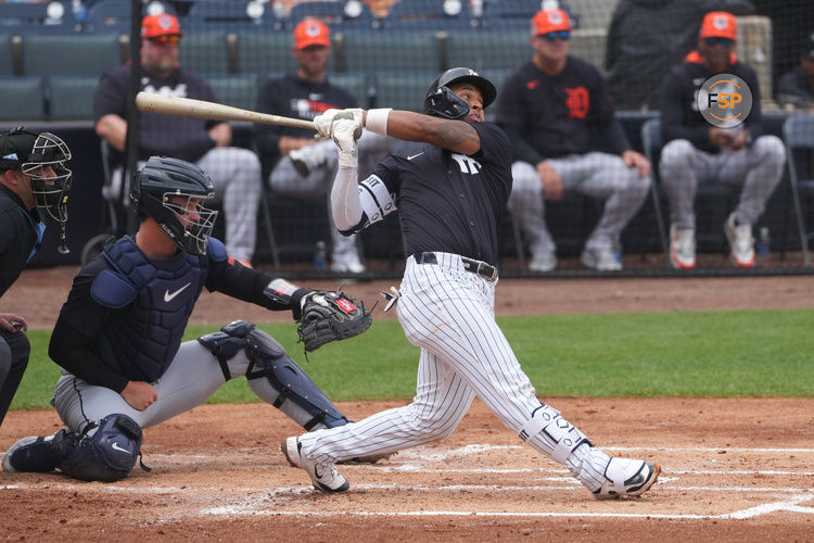 Mar 10, 2025; Tampa, Florida, USA;  New York Yankees second base Jorbit Vivas (90) hits a double against the Detroit Tigers during the second inning at George M. Steinbrenner Field. Credit: Dave Nelson-Imagn Images