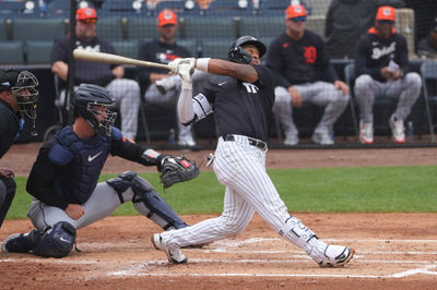 Mar 10, 2025; Tampa, Florida, USA;  New York Yankees second base Jorbit Vivas (90) hits a double against the Detroit Tigers during the second inning at George M. Steinbrenner Field. Mandatory Credit: Dave Nelson-Imagn Images