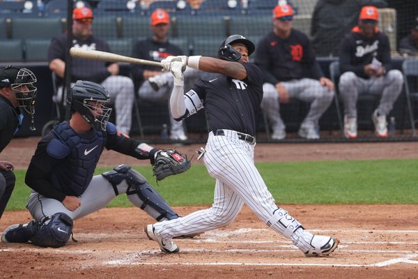 Mar 10, 2025; Tampa, Florida, USA;  New York Yankees second base Jorbit Vivas (90) hits a double against the Detroit Tigers during the second inning at George M. Steinbrenner Field. Mandatory Credit: Dave Nelson-Imagn Images