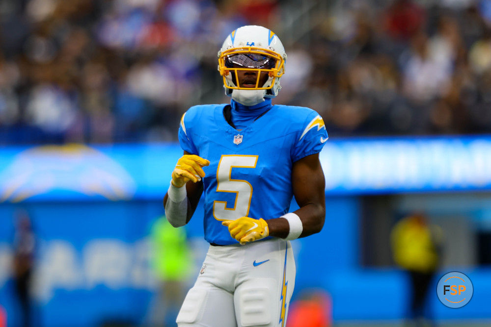 INGLEWOOD, CA - OCTOBER 1: Los Angeles Chargers wide receiver Joshua Palmer (5) runs onto the field during the NFL regular season game between the Las Vegas Raiders and the Los Angeles Chargers on October 1, 2023, at SoFi Stadium in Inglewood, CA. (Photo by Jordon Kelly/Icon Sportswire)