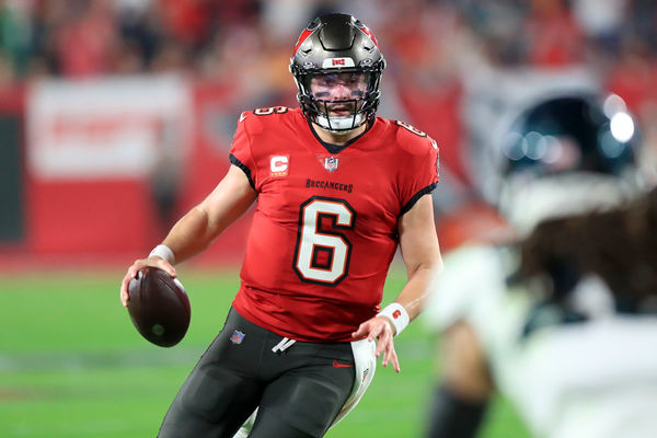 TAMPA, FL - JANUARY 15: Tampa Bay Buccaneers Quarterback Baker Mayfield (6) scrambles for a first down during the NFC Wild Card game between the Philadelphia Eagles and the Tampa Bay Buccaneers on January 15, 2024 at Raymond James Stadium in Tampa, Florida. (Photo by Cliff Welch/Icon Sportswire)