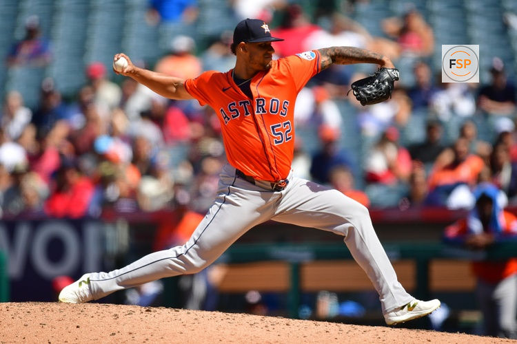 Jun 22, 2025; Anaheim, California, USA; Houston Astros pitcher Bryan Abreu (52) throws against the Los Angeles Angels during the seventh inning at Angel Stadium. Credit: Gary A. Vasquez-Imagn Images