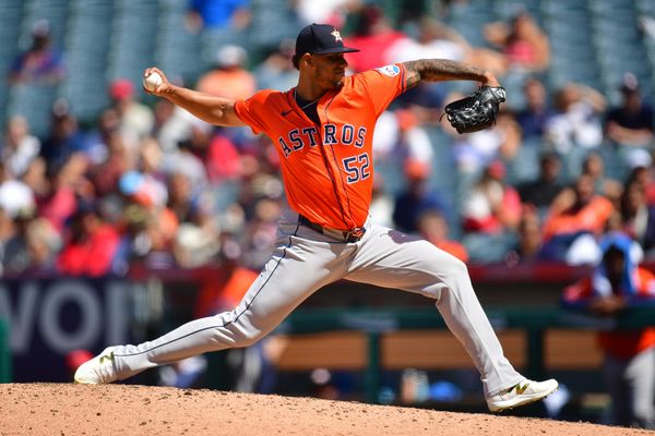 Jun 22, 2025; Anaheim, California, USA; Houston Astros pitcher Bryan Abreu (52) throws against the Los Angeles Angels during the seventh inning at Angel Stadium. Mandatory Credit: Gary A. Vasquez-Imagn Images