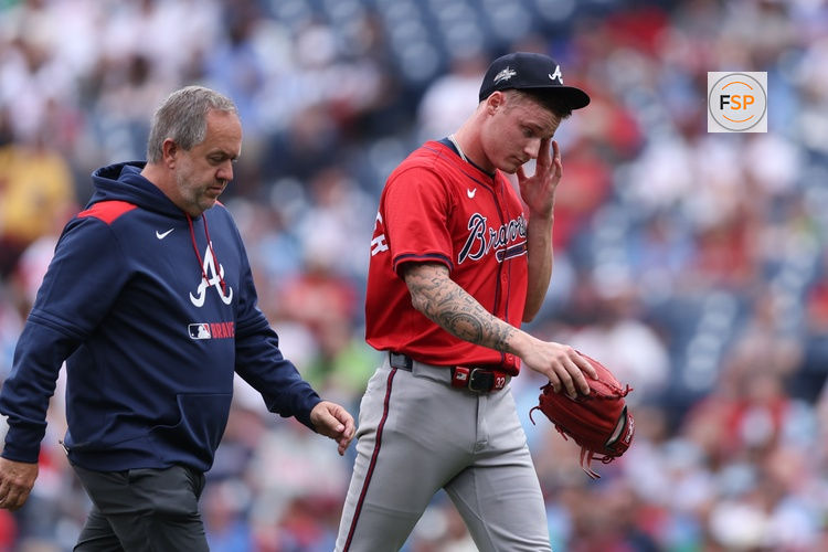 May 29, 2025; Philadelphia, Pennsylvania, USA; Atlanta Braves pitcher AJ Smith-Shawver (32) leaves the game during the third inning against the Philadelphia Phillies at Citizens Bank Park. Credit: Bill Streicher-Imagn Images
